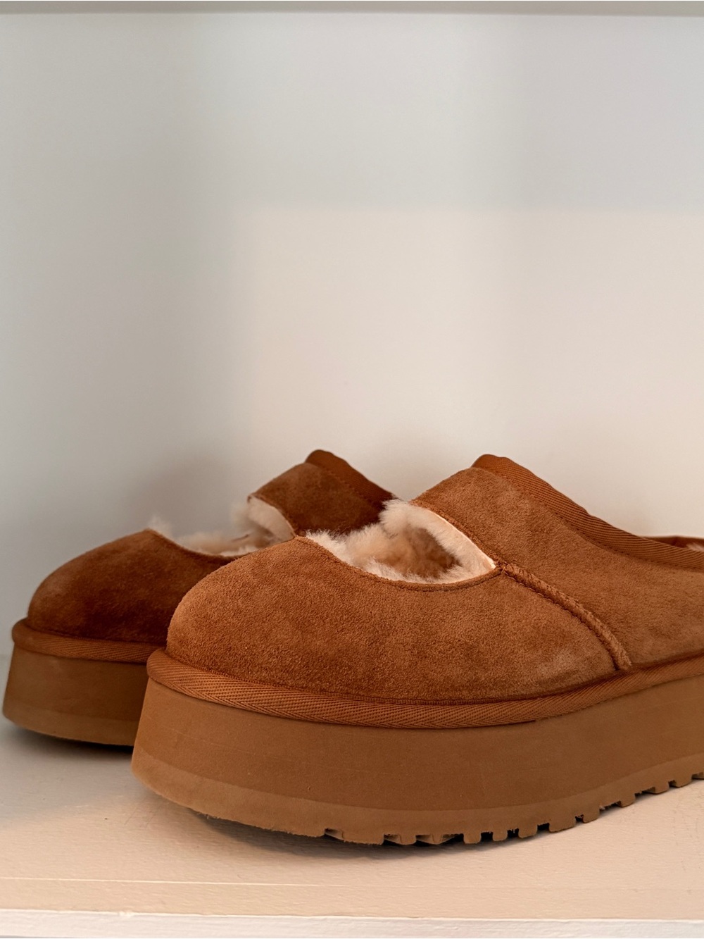 UGG Chestnut Suede Platform Shearling Slide